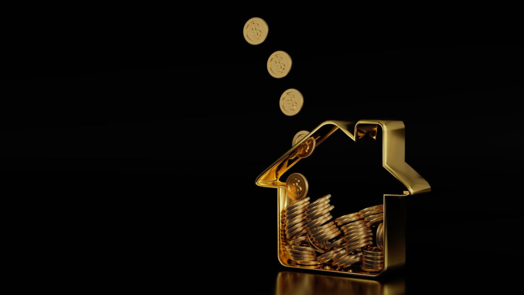 golden-coin-falling-house-shape-piggy-bank-save-money-buy-house-3d-rendering